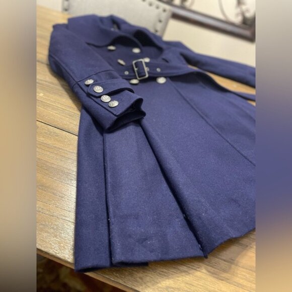 Guess Wool Blend Blue Coat Double Breasted Belted Size M Ornate Buttons Retro - Picture 11 of 12